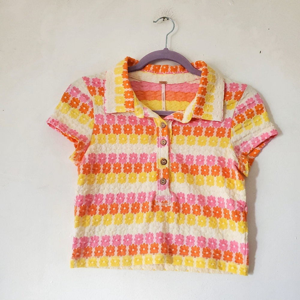 Free People Pink Yellow Orange Floral Knit Polo Top - Picture 2 of 8